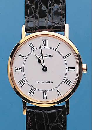 GLASHÜTTE HERRENARMBANDUHR, UNGETR. LAGERW.,UM 1984, LEDERB. NEU, METALL HARTVERG., EDEL- STAHLB. GEDR., EMAILFARB. KONTRASTZIFFEBL., EINGES. ...
