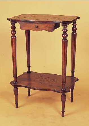 kleiner Tisch, Jugendstil, um 1900, Buche, geschnitzt, mit Schublade, sollte neu verleimt werden, Altersspuren, 70.5 x 48 x 35.5 cm