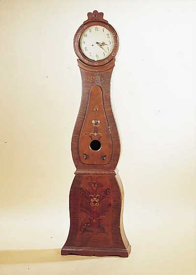 STANDUHR, GEHäUSE FRANKREICH, ERSTE HäLFTE 19.JH., MIT NACHBAU EINES ANTIKEN UHRWERKES, WEICHHOLZGEHäUSE IN VIOLINFORM, SEK. FLORAL U.MASERIERT ...