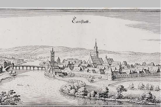Konvolut von 2 Blatt Canstatt und Umgebung, 1.) Kupferstich v. M. Merian, Ga Canstatt, tadelloses Exemplar ohne sichtbaren Mittelbug,fester ...