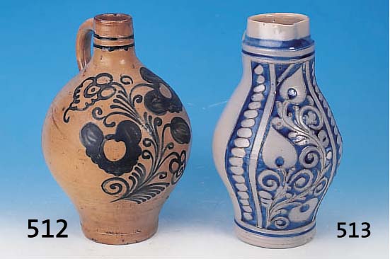 ÖLKRUG, WESTERWALD, UM 1800, STEINZEUG, BLAUE FLORALE SMALTEMALEREI, MIN. BEST., H. CA. 36 CM