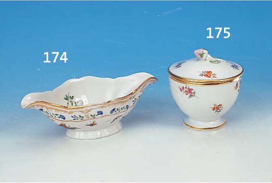 SAUCIERE, KPM BERLIN, UM 1860, PORZELLAN, ZEPTER- UND PFENNIGMARKE, MONOGRAMM FRIEDRICH WILHELM, RELIEFIERT UND BUNT FLORAL BEMALT, ...