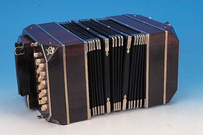 BANDONEON, DEUTSCH, WOHL 20/30ER JAHRE, HOLZFURNIERGEHäUSE, MIT LYRAVERZIERUNGEN AN DEN ABGESCHRäGTEN ECKEN, IM ORIG. KARTON, MIT ...