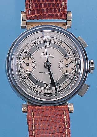 LEVRETTE ARMBANDCHRONOGRAPH, SCHWEIZ UM 1938, METALL VERN. (BER.), EDELST.-BODEN U. GLASR. GEDR., 2-FARB. VERS. ORIG.-BLATT, ORIG.GEBL. ...