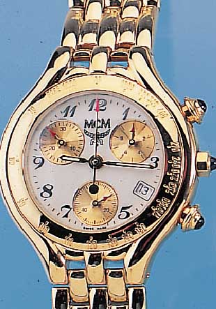 MCM HERRENARMBANDUHR CHRONOGRAPH, STAHL VER-GOLDET INCL. GLIEDERBAND, HIGH-TECH-QUARTZ- WERK, ETA 251272, ANZEIGE VON STD., MIN., KL. SEK., DATUM, ...