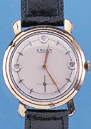 GRUEN HERRENARMBANDUHR PRECISION, REF.-NR. 415-958, SCHWEIZ/USA UM 1950, METALL M. GG- AUFLAGE, EDELST.-BODEN GEDR., BLATT REST., 1/4 ...