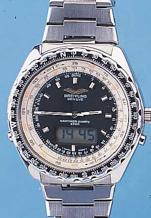 BREITLING ARMBANDCHRONOGRAPH NAVYTIMER-QUARTZ, REF.-NR.80970, SCHWEIZ UM 1980, EDELST., EDELST.-BAND, BODEN GESCHR., KOMB. ANALOG- U. DIGITALANZ., ...
