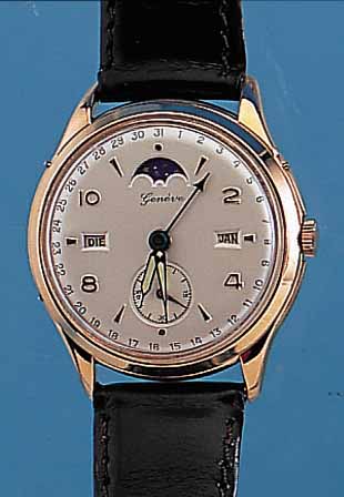 RECORD WATCH HERRENARMBANDUHR GENEVE, REF.- NR. 923776, SCHWEIZ UM 1948, METALLGEH. NACH- TRäGL. ROSE-VERG., EDELST.-BODEN U. GLASR. GE-DR., BLATT ...