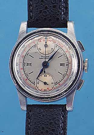 MILOS ARMBANDCHRONOGRAPH SHOCKPROTECTED, REF.-NR. 170/660020, SCHWEIZ UM 1948, METALL VERN., EDELST.-BODEN U. GLASR. GEDR., VERS. ORIG.-BLATT ...