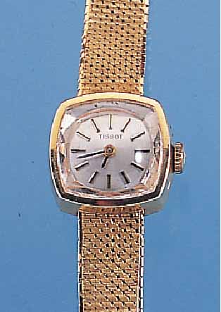 TISSOT DAMENGOLDBANDUHR, REF.-NR. R19069, SCHWEIZ UM 1969, GG 750/000 INCL. GG-FLECHT- BAND, BODEN GEDR., BLATT VERS., STD.-ZEICHEN AUFGES., ...