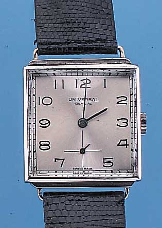 UNIVERSAL GENEVE HERRENARMBANDUHR, REF.-NR. 21020, SCHWEIZ UM 1946, EDELST.-CARREE-GEH., BODEN GEDR., ZU DEN BANDANST. REP., BOMB. MI- NERALGL., ...