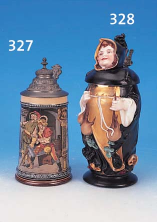 BIERKRUG, METTLACH 1886, STEINGUT, BUNT LITHOGRAPHIERT MIT ZECHERSZENE UND SINN- SPRUCH, RELIEFIERTER ZINNDECKEL, H. CA. 24 CM