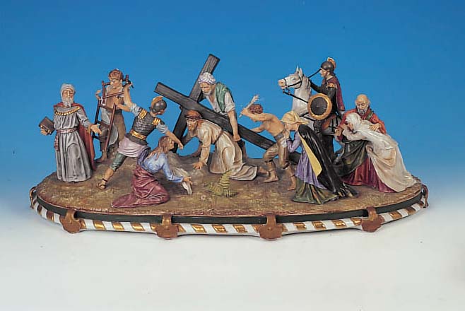 PORZELLANGRUPPE, SCHEIBE-ALSBACH, 20. JH., KREUZGANG, GRUPPE AUS 11 FIGUREN, BEMALT LEICHT BEST., H. 40 CM, B. 72 CM