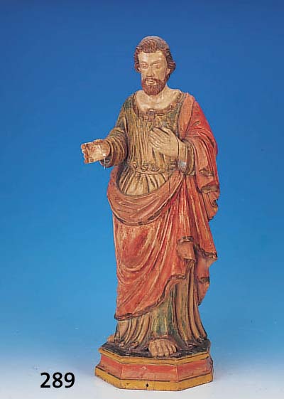 HEILIGENSKULPTUR, 20. JH., HOLZ GESCHNITZT UND BUNT GEFAßT, AN DEN FINGERN BESCHäDIGT, Z.T. FEHLEND, H. 72 CM