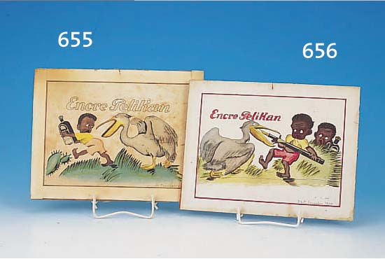 WERBETAFEL FüR PELIKAN-TINTE, FRANKREICH, SIGN. B.L.P. DECEMBRE 1936, GOUACHE AUF PA- PIER, RäNDER LEICHT VERSCHMUTZT UND GEBRäUNT, CA. 20 X ...