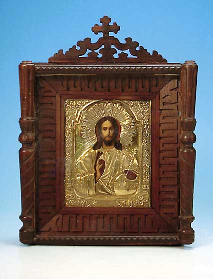 Ikone in Lade, Rußland, um 1890/1900, Jesus als Weltenherrscher, Reste alter Ver- goldung, Malerei in guter Qualität im Stil der ...