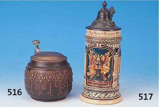 BIERKRUG, DEUTSCH, THEWALD, UM 1910-20, STEINZEUG, RELIEFIERT UND KöLNISCH-BRAUN GLASIERT, METALLDECKEL, H. CA. 13 CM