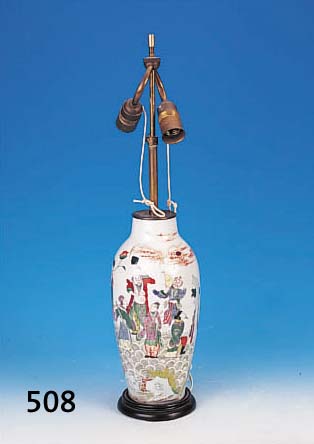 Lampenfuß, China, um 1900, Porzellan, bunt bemalt mit Personen und Landschaft, Vase sek. zum Lampenfuß umgearbeitet, H. ca. 36 cm