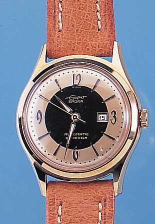EPPO HERRENARMBANDUHR EPORA, DEUTSCHLAND UM 1957, METALL HARTVERG., EDELST.-BODEN GESCHR.,ZENTRALROTOR, 25 ST., UTERO-KAL. 84, STOSSGES.SCHR.-UNR., ...