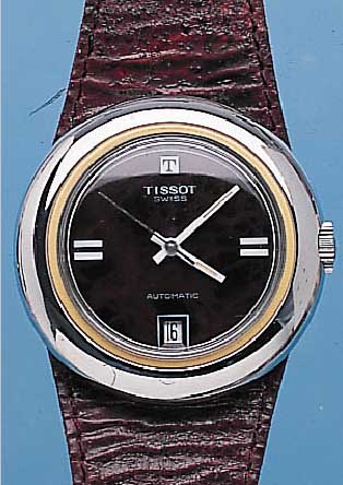 TISSOT HERRENARMBANDUHR SIDERAL, SCHWEIZ UM 1970, KUNSTSTOFFINNENGEH., AUSSEN VERCHR., BAND IM BODENTEIL INTEGR., AUTOMATIK M. ZEN- TRALSEK. U. ...
