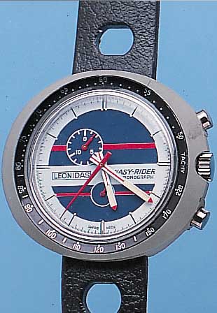 LEONIDAS ARMBANDCHRONOGRAPH EASY RIDER, SCHWEIZ UM 1970, KUNSTSTOFFEINSCHALENGEH., KAUTSCHUKBAND, 20-MIN.-STOPPZäHLER, KONTINU- IERLICH ...
