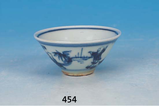 REISWEINSCHALE, CHINA, 17. JH., KANG-HSü, FEINSTEINZEUG, BLAUE BEMALUNG U. GLASUR, PER- SONEN U. LANDSCHAFT, D. CA. 7 CM, SEHR GUTER ZUSTAND