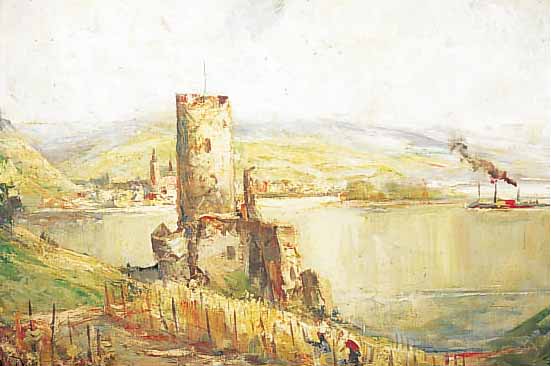 UNBEKANNTER DEUTSCHER MALER DER 30ER JAHRE, ANSICHT VON SANKT GOAR MIT RHEINDAMPFER, ÖL/ LWD, LI. U. UNLESERLICH SIGN., CA. 60 X 80 CM,R., ...