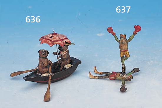 WIENER BRONZE, HUNDEPAAR IM RUDERBOOT, BUNT BEMALT, H. CA. 4,5 CM, SCHIRM LOSE