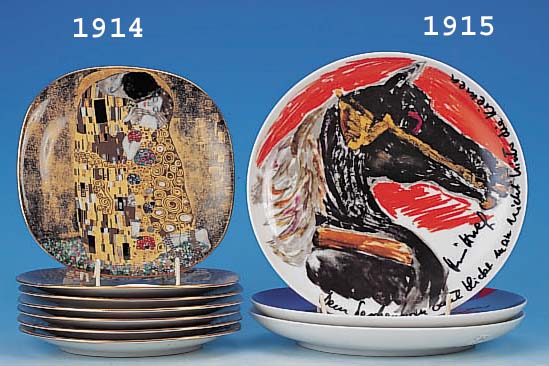 7 KüNSTLERTELLER, LILIEN-PORZELLAN, ÖSTER- REICH, 1990, ABBILDUNGEN NACH GUSTAV KLIMT, PHANTIASTISCHE MEISTERWERKE, BEGRENZTE LIM. AUFLAGE, ...