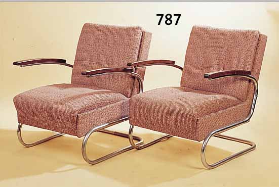 PAAR ARMLEHNSESSEL, ENTW. WALTER KNOLL FüR THONET, 30ER JAHRE, STAHLROHR VERCHROMT, BEZUG WOHL 50ER JAHRE, KORRODIERT