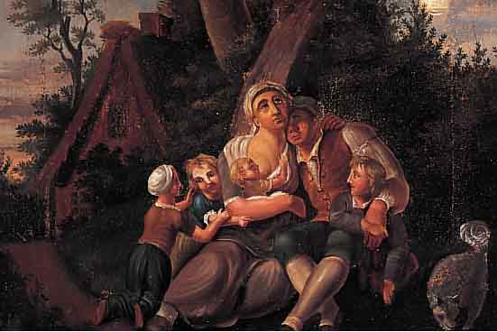 UNBEKANNTER MALER DES 19. JH., SECHSKöPFIGE FAMILIE UNTER EINEM BAUM VOR DEM HAUS, ÖL/GRO-BE LWD., CA. 30 X 36 CM, R.