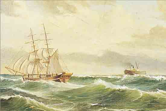 MONOGRAMMIST WK., DATIERT (19)36, ZWEI SEGELSCHIFFE UND EIN DAMPFER AUF HOHER SEE, ÖL/LWD, LI. U. MONOGR. UND DAT., CA. 38 X 71 CM, R.