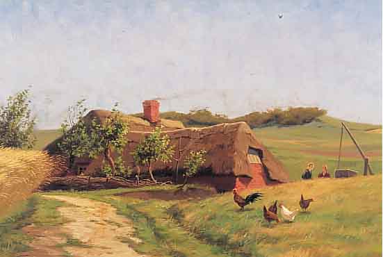 JENSEN, MILTON, DäNISCHER MALER, DAT. 1903, BAUERNGEHöFT MIT HüHNERN IN HüGELIGER LAND- SCHAFT, PERSONENSTAFFAGE, ÖL/LWD, RE. U. SIGN. ...