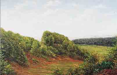 UNBEKANNTER MALER AUS DER ZEIT UM 1900, HüGELIGE LANDSCHAFT, ÖL/LWD, UNSIGN., CA. 27 X 40 CM, R.