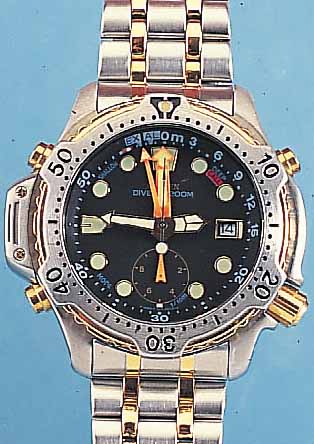 CITIZEN HERRENTAUCHERUHR AQUALAND, REF.-NR. 5812-F80014TA, JAPAN 1997, EDELST. MATT., EDELST.-BAND M. SICHERHEITSFALTSCHL., TEILE DER LüN. ...