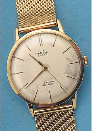 ARCTOS HERRENGOLDBANDUHR ELITE, REF.-NR. 390206, DEUTSCHLAND/SCHWEIZ UM 1960, GG 585/000-GEH. INCL. GG-FLECHTBAND, VERS. BLATT FL., BODEN ...