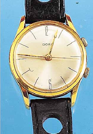 DOXA ARMBANDWECKER, REF.-NR. 15500-7, SCHWEIZ UM 1960, METALL M. GG-AUFLAGE, EDEL- ST.-BODEN GESCHR., GLAS FEINHAARR., AUSSER LEDERB. ...
