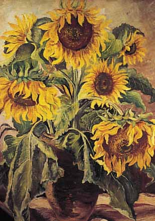 PERRAS, S., MANNHEIMER MALER, STILLEBEN MIT SONNENBLUMEN, ÖL/HARTFASER, RE. U. SIGN., CA. 80 X 70 CM, R.