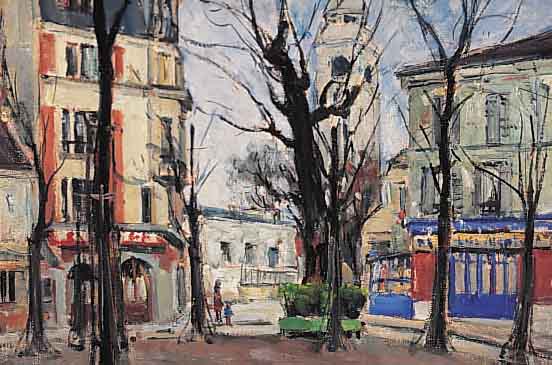 UNBEKANNTER MALER, PARIS, DAT. 1948, MONT- MARTRE, PLACE DE TETRE, ÖL/LWD., RE. U. UNLE- SERLICH SIGN. U. BEZEICHNET, RüCKSEITIG BEZ.: PARIS ...