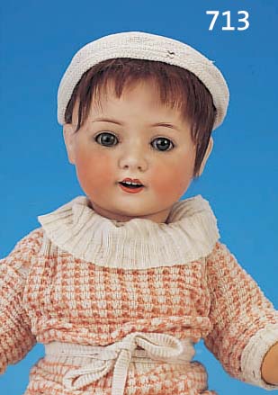 PORZELLANKOPFPUPPE, HEUBACH-KöPPELSDORF NR. 321-7, BLAUE SCHLAFAUGEN, LIDER UND WIMPERN BESCH., OFFENER MUND MIT VIER ZäHNEN OBEN, BRAUNE ...
