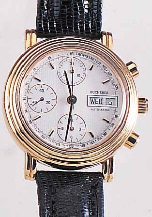 BUCHERER ARMBANDCHRONOGRAPH, REF.-NR. 4/036/0/0/10, SCHWEIZ UM 1992, METALL HARTVER-G., BEIDS. VERGL., BODEN GEDR., AUTOMATIK M. TAG U. ...