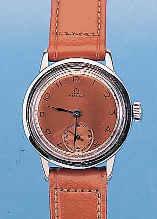 OMEGA HERRENARMBANDUHR, REF.-NR. 323, SCHWEIZ UM 1940, EDELST., BODEN GESCHR., BEI FERTIGST. WASSERD., ORIG. KUPFERFARB. BLATT, GEBL. ...