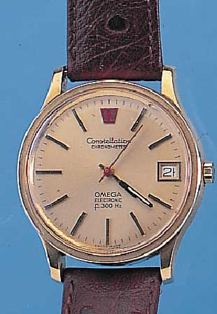OMEGA HERRENARMBANDUHR CONSTELLATION, REF.- NR. 1980003, SCHWEIZ UM 1969, METALLGEH. M. 40 MICRON GG-AUFL., EDELST.-SCHR.-BODEN, ZENTRALSEK., ...