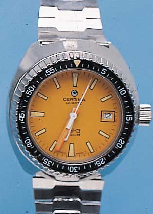 CERTINA TAUCHERARMBANDUHR DS-3, REF.-NR. 750/1402, SCHWEIZ UM 1984, EDELST. MASSIV, BODEN U. KRONE GESCHR., BEI FERTIGST. WASSER- D. BIS 200 ...