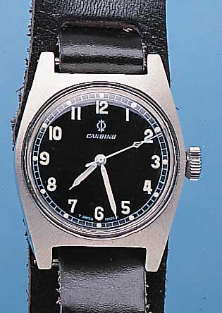 CANDINO MILITäRARMBANDUHR, REF.-NR. 10511, SCHWEIZ/SCHWEDEN UM 1970, EDELST., BODEN GE- SCHR., SCHW. KONTRASTZIFFERBL., DIREKT. ZEN- TRALSEK., ...