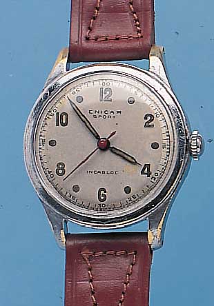 KONVOLUT: 2 ENICAR HERRENARMBANDUHREN, BEIDEMODELLSERIE SPORT, BEIDE VERSCHR. EDELST.- BöDEN, BEIDE LEDERB. NEU, FERTIGUNG UM 1950, 1X ...