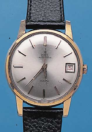 EBEL HERRENARMBANDUHR AUTOMATIK, REF.-NR. 424, SCHWEIZ UM 1960, METALL HARTVERG., EDEL- ST.-SCHR.-BODEN, ZENTRALSEK., DATUM, 21 ST., BASISKAL. AS ...