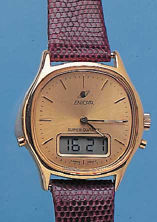 ENICAR HERRENARMBANDUHR SUPERQUARTZ, REF.- NR. 380/001/001, SCHWEIZ UM 1984, METALL HART-VERG., EDELST.-BODEN GEDR., HIGH-TECH-QUARTZ- WERK, ...