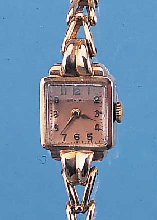 GENIAL DAMENGOLDBANDUHR, SCHWEIZ UM 1946, RG 750/000-GEH. INCL. GLIEDERBAND, KONKAVGL., BODEN GEDR., KUPFERFARB. BLATT, L. FL., FORM- ANKERW., 17 ...