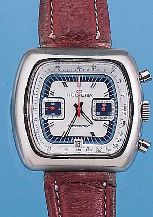 HELVETIA ARMBANDCHRONOGRAPH SPEEDTIMER, REF.-NR. 7734/001/10/49, SCHWEIZ UM 1972, EDELST. MASSIV, BODEN GESCHR., ZIFFERBL. FARBL. ...